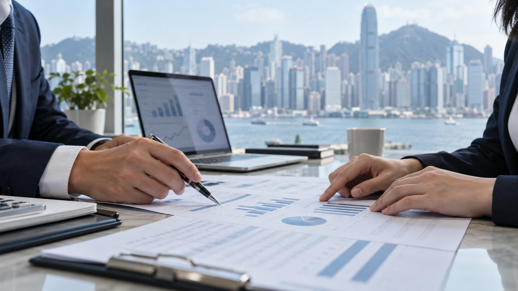 Illustrative scene of professionals reviewing financial documents
