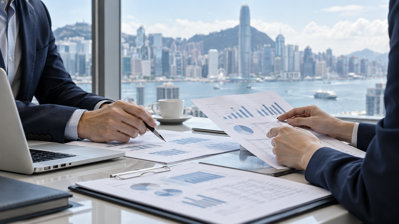 Illustrative scene of professionals reviewing financial documents