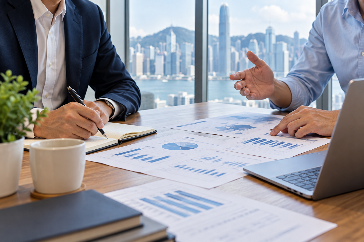 Illustrative scene of business partners planning and reviewing financial documents