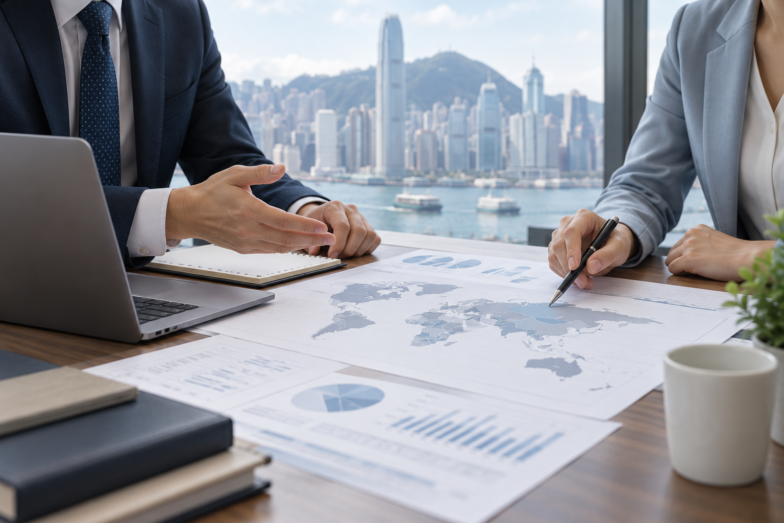 Illustrative scene of professionals planning international business arrangements