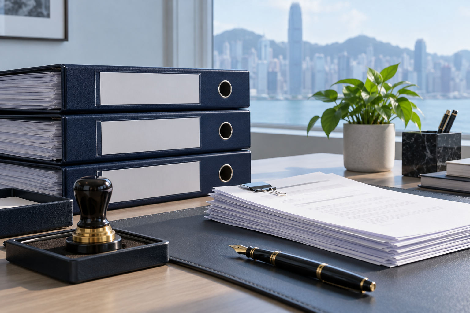 Illustrative still life of corporate record binders, documents, a stamp and pen