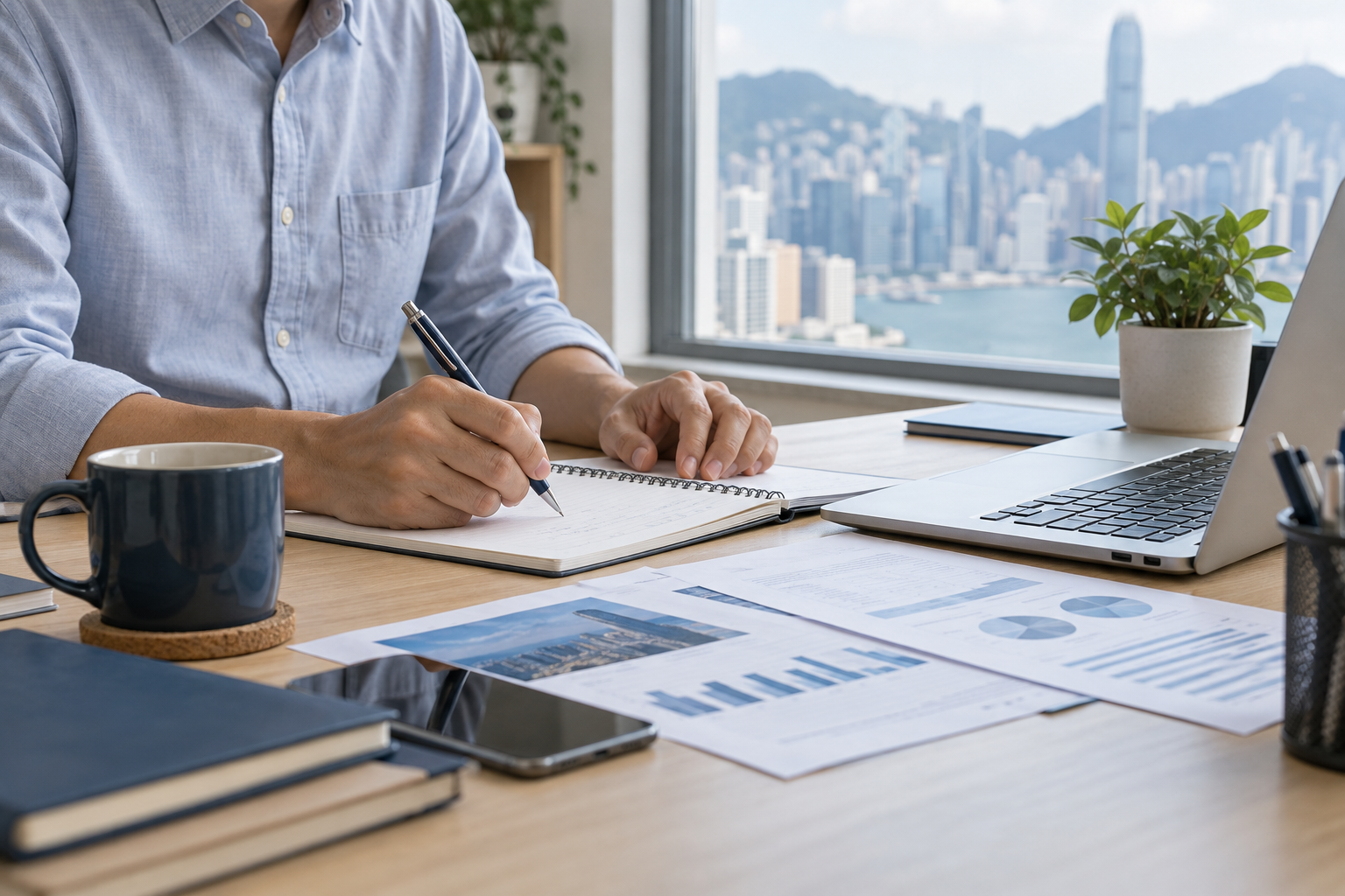 Illustrative scene of a small business owner preparing start-up paperwork